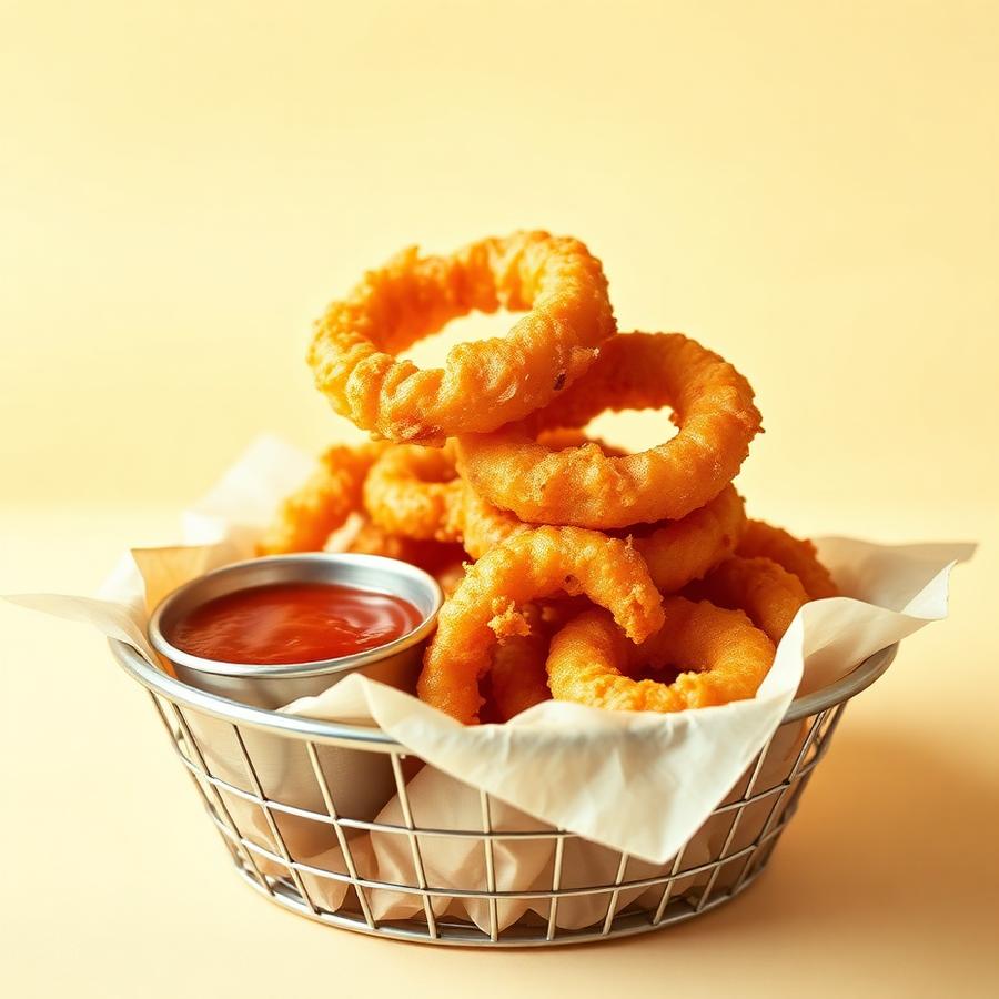 Onion Rings Croccanti — Anelli di cipolla dorati in pastella leggera, serviti con salsa smoky.