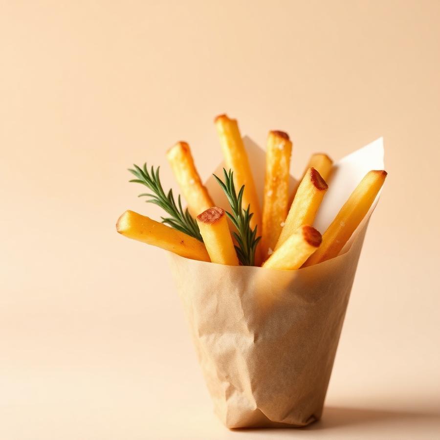 Patatine Rustiche — Tagliate a mano con la buccia, rosmarino e sale marino in scaglie.