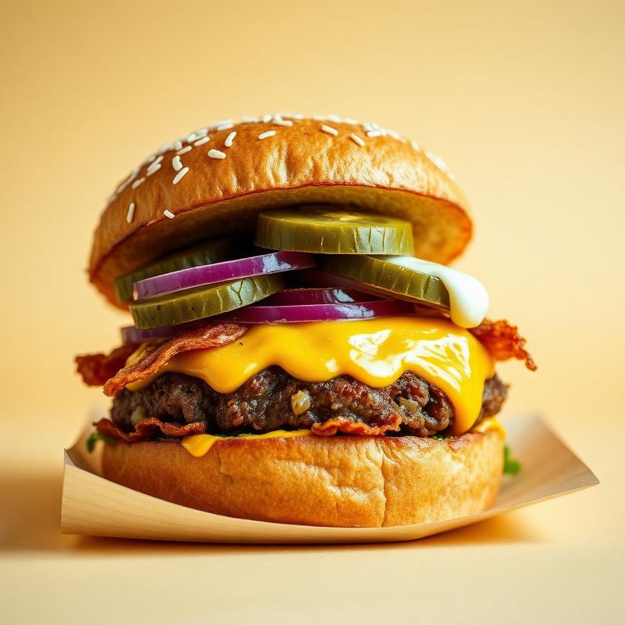 Smash Classica — Patty vegetale schiacciato, cheddar plant based, cetrioli sott'aceto, cipolla rossa e salsa segreta.