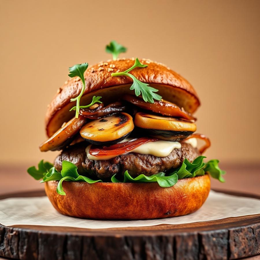 Umami Bomb — Portobello piastrato, crema al tartufo nero, cipolla caramellata e rucola su bun scuro.